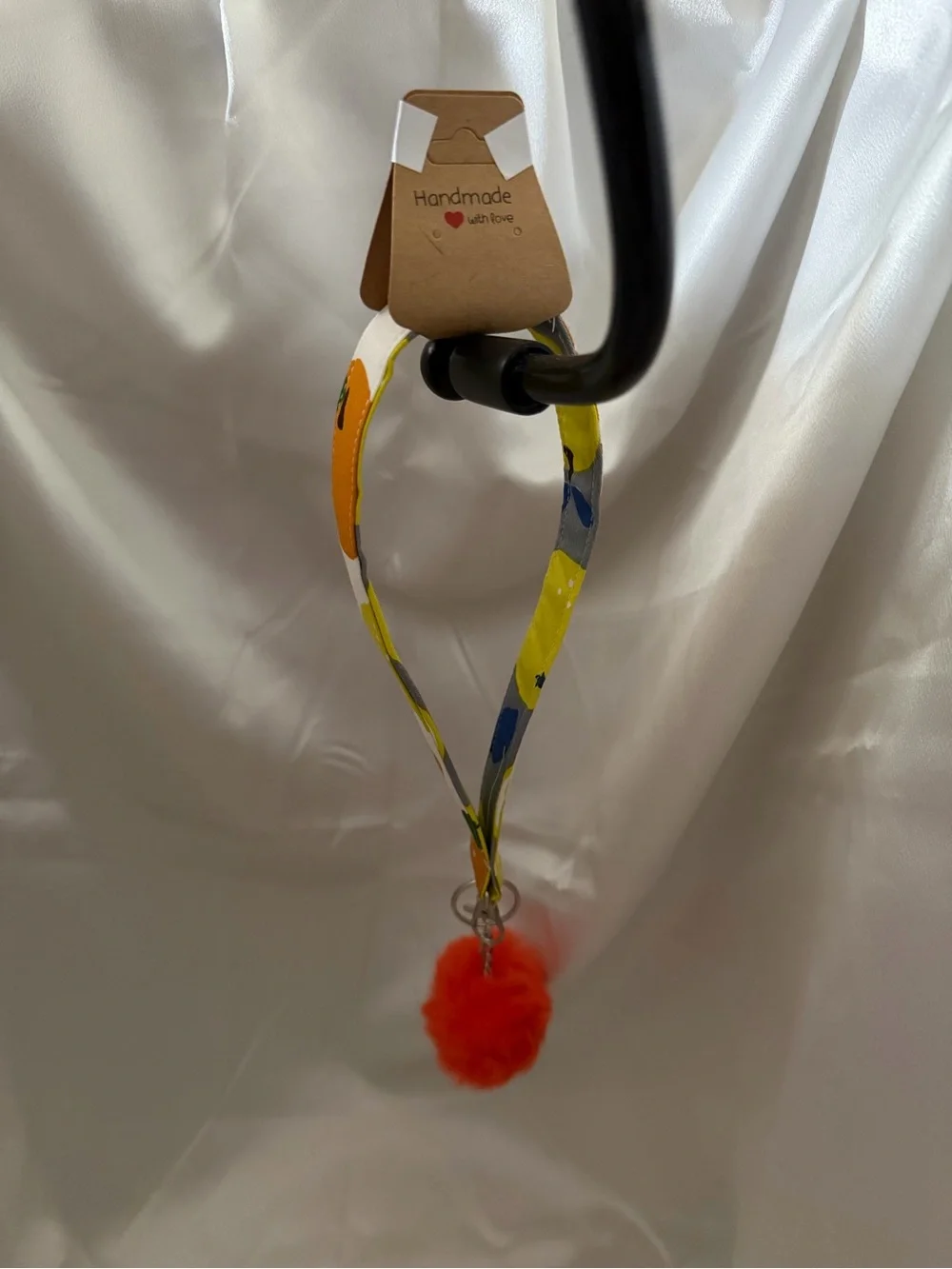 Handmade Orange and Lemon Pattern Wristlet Keychain with Orange Pompom